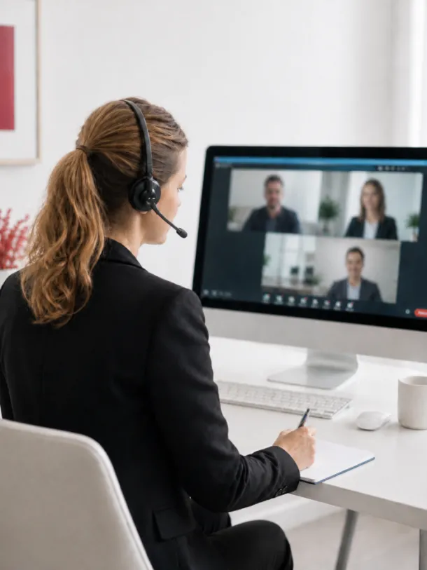 Volina Șerban beim Remote-Dolmetschen für Rumänisch und Deutsch in einem Online-Meeting